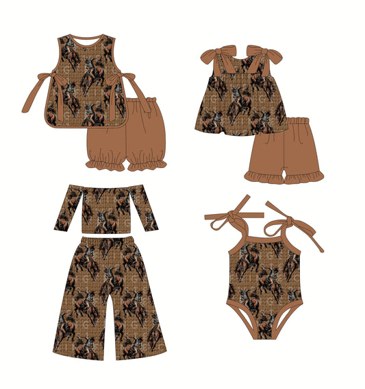 2.22(Custom Design Preorder MOQ 5 Each Design) Rodeo Brown Print Girls Summer Matching Clothes Sisters Wear