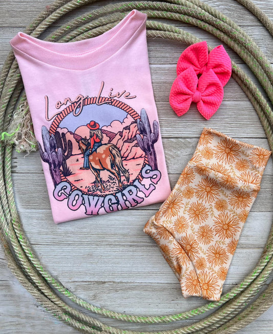 (Custom Design Preorder MOQ 5) Long Live Cowgirls Pink Print Baby Girls Summer Bummie Set