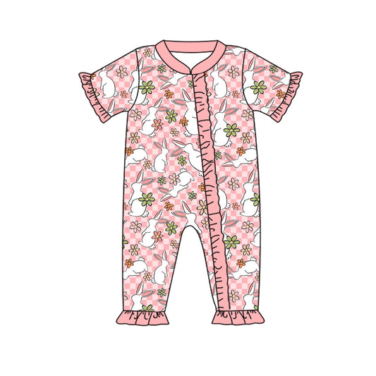 (Custom Design Preorder MOQ 5)  Bunny Flowers Plaid Print Baby Girls Easter Bamboo Sleeper Zipper Romper