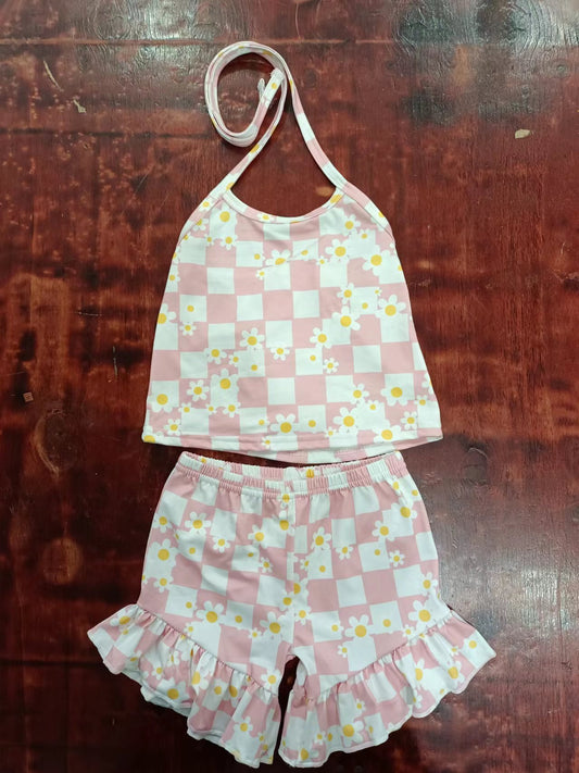 (Custom Design Preorder MOQ 5) Flowers Pink Plaid Print Girls Summer Clothes Set