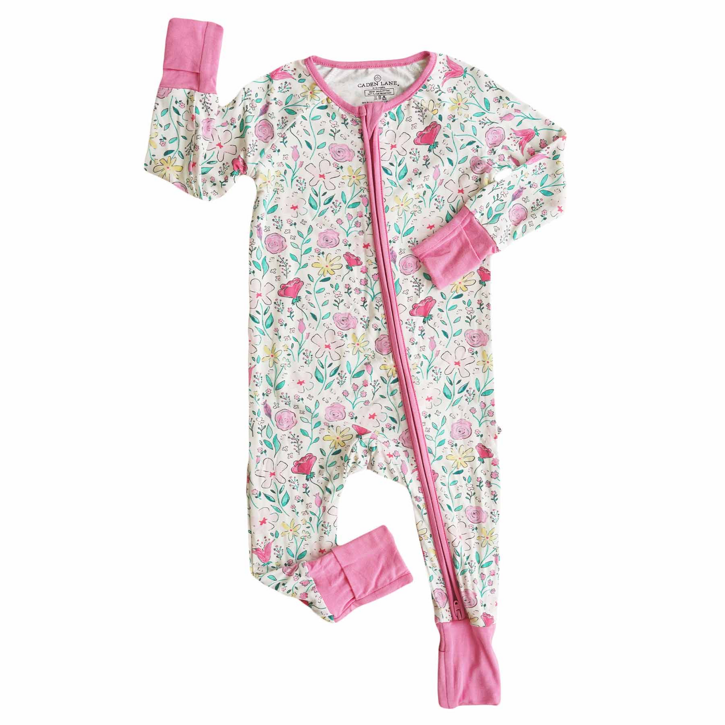 (Custom Design Preorder MOQ 5)  Pink Flowers Print Baby Girls Bamboo Fall Sleeper Zipper Romper