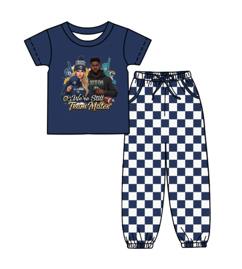 (Custom Design Preorder MOQ 5) Team's JAGUARS Navy Top Plaid Joggers Kids Clothes Set