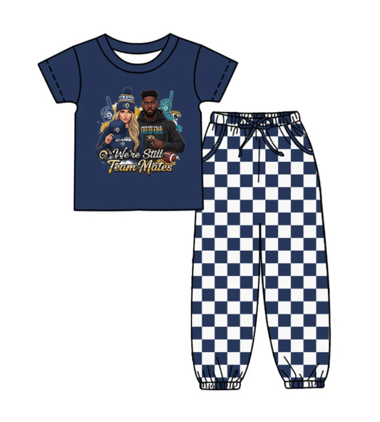 (Custom Design Preorder MOQ 5) Team's JAGUARS Navy Top Plaid Joggers Kids Clothes Set