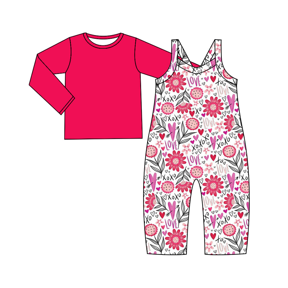 (Custom Design Preorder MOQ 5) Red Top Flowers Jumpsuit Girls Fall Clothes Set