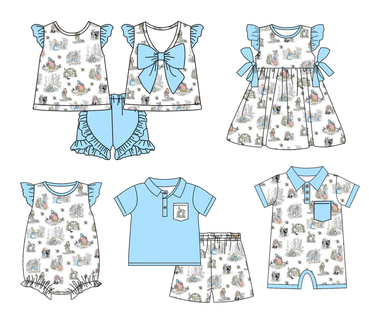 11.9(Custom Design Preorder MOQ 5 Each Design) Bunny Blue Print Kids Easter Matching Clothes Sibling Wear