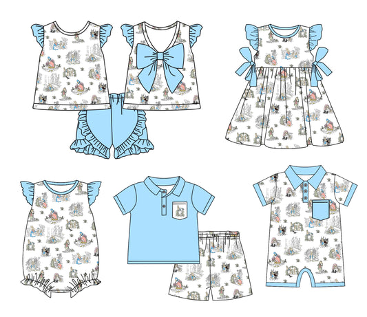 11.9(Custom Design Preorder MOQ 5 Each Design) Bunny Blue Print Kids Easter Matching Clothes Sibling Wear