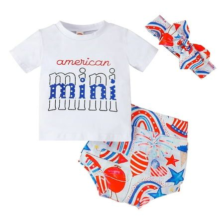 (Custom Design MOQ 5)  American Mini Top Baby Girls 4th of July Bummie Sets