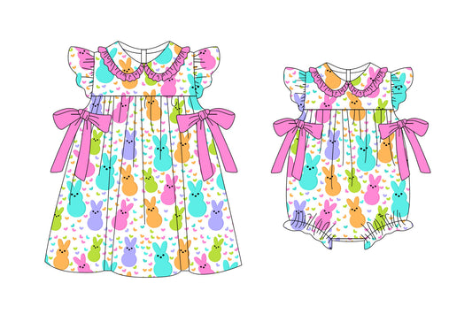 11.6(Custom Design Preorder MOQ 5 Each Design) Colorful Bunny Heart Print Girls Easter Matching Clothes Sisters Wear