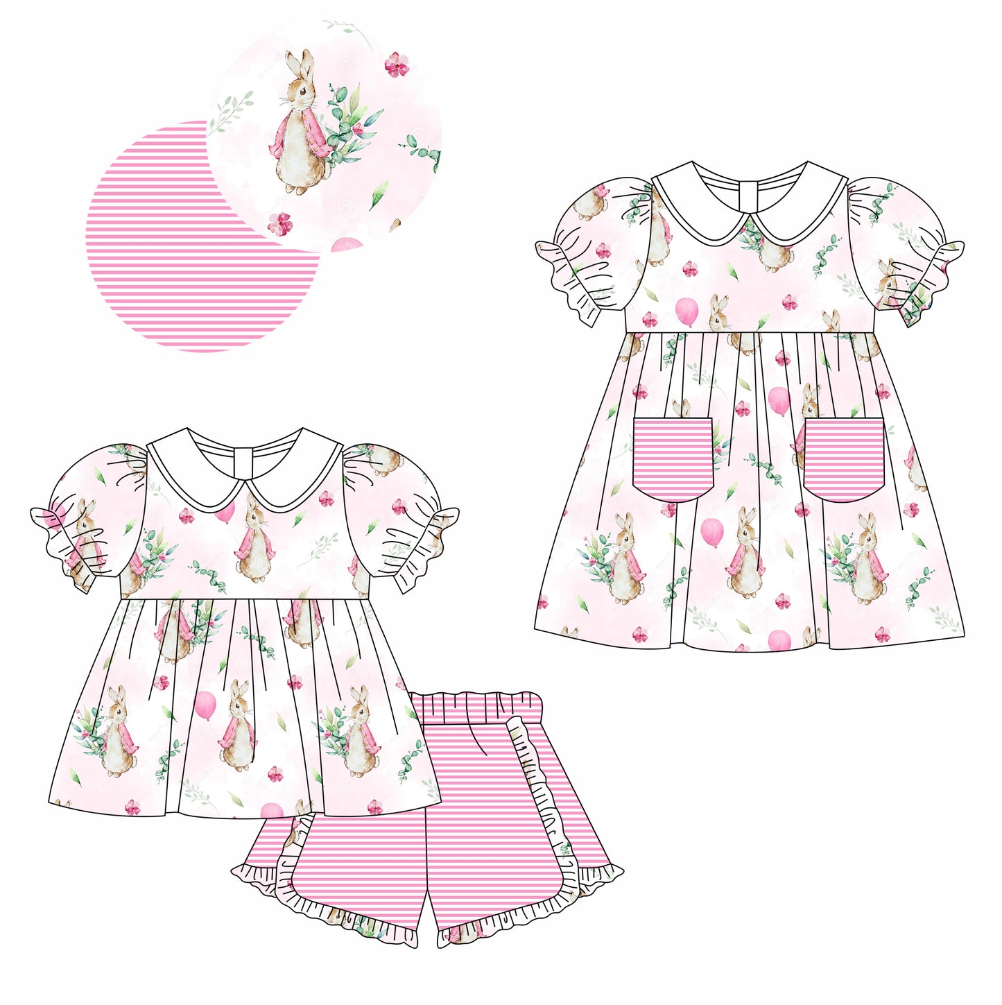 11.7(Custom Design Preorder MOQ 5 Each Design) Bunny Flowers Print Girls Easter Matching Clothes Set Sisters Wear