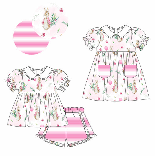 11.7(Custom Design Preorder MOQ 5 Each Design) Bunny Flowers Print Girls Easter Matching Clothes Set Sisters Wear