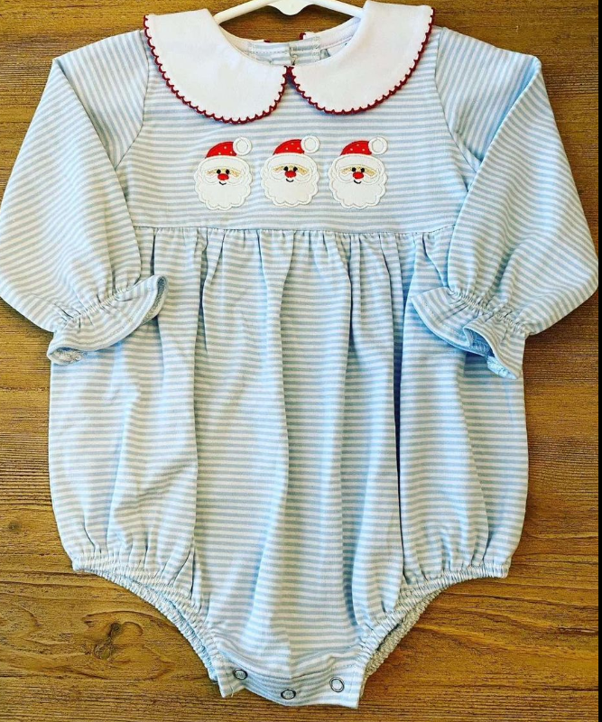 (Custom Design Preorder MOQ 5) Santa Blue Stripes Print Baby Girls Christmas Romper