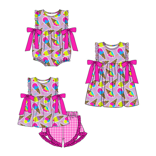 3.29(Custom Design Preorder MOQ 5 Each Design) Colorful Ice Cream Print Girls Summer Matching Clothes Sisters Wear