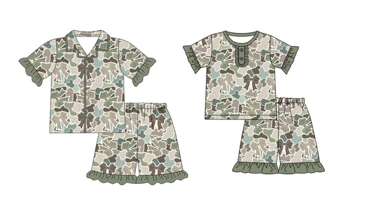 1.8(Custom Design Preorder MOQ 5 Each Design) Bows Camo Green Print Girls Summer Pajamas Matching Clothes Sisters Wear