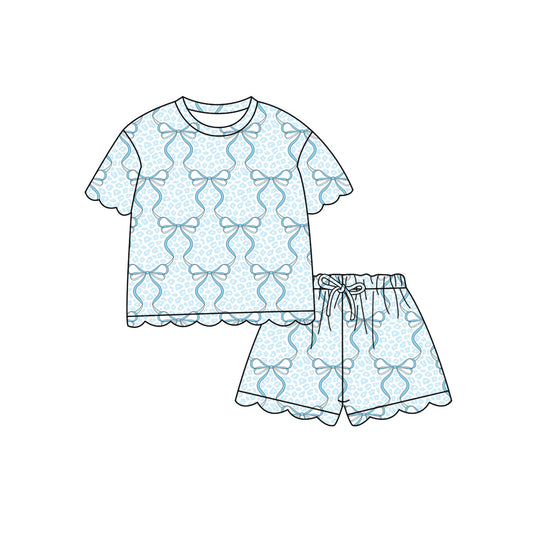 1.21 (Custom Design Preorder MOQ 5 Each Design) Blue Bows Print Summer Scallop Sets Mom and Me Matching Clothes