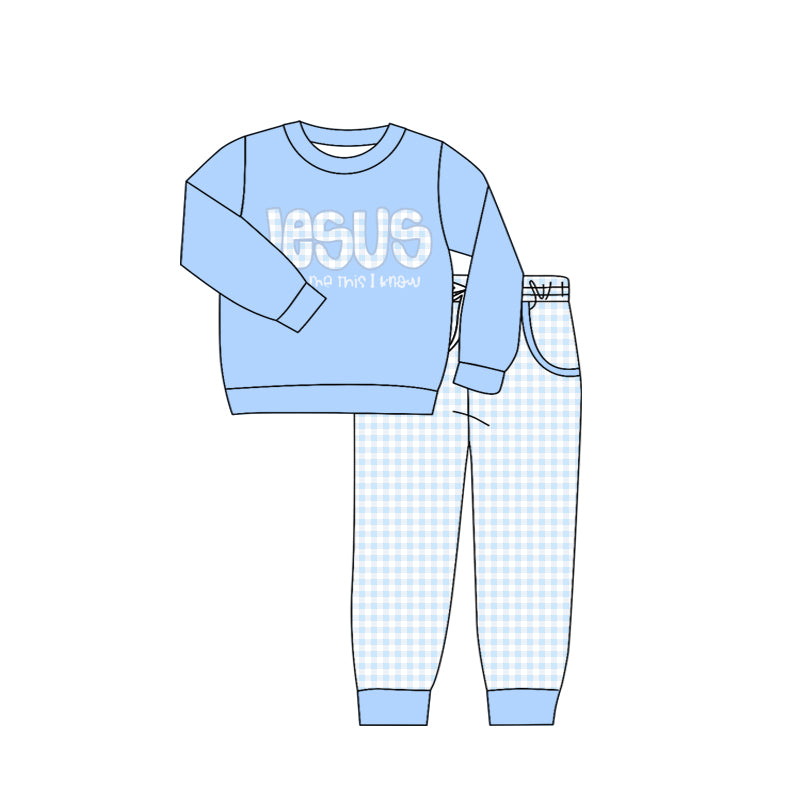 (Custom Design Preorder MOQ 5) Jesus Blue Top Plaid Pants Boys Fall Clothes Set