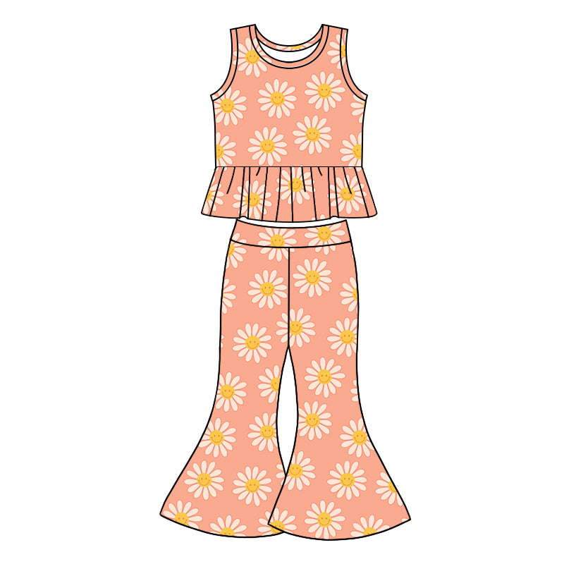 1.7(Custom Design Preorder MOQ 5) Smiling Face Flowers Print Bell Pants Girls Clothes Set