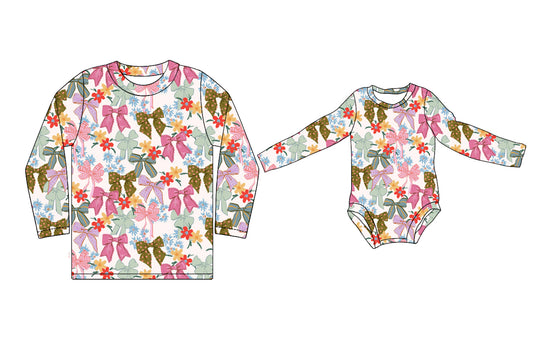 11.11(Custom Design Preorder MOQ 5 Each Design) Colorful Bows Print Adult Top Baby Romper Mom and Me Matching Clothes