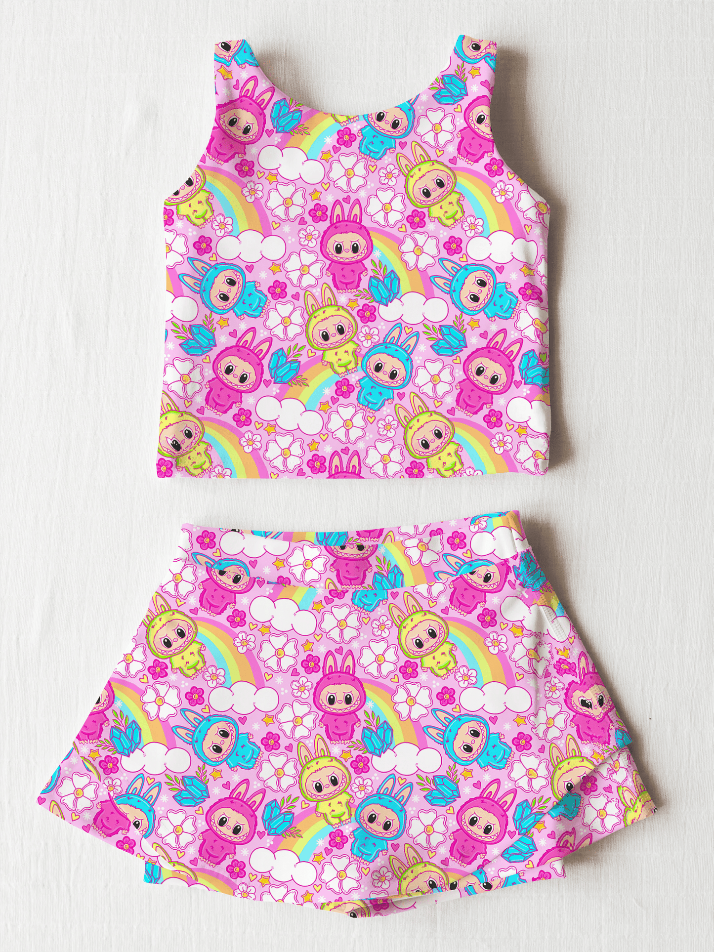 (Custom Design Preorder MOQ 5) Cartoon Labub* Rainbow Print Shorts Skirts Girls Summer Yoga Clothes Set