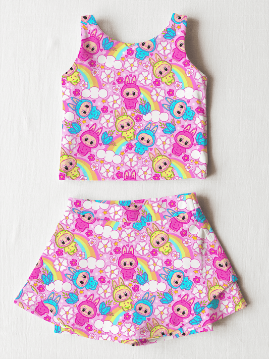 (Custom Design Preorder MOQ 5) Cartoon Labub* Rainbow Print Shorts Skirts Girls Summer Yoga Clothes Set
