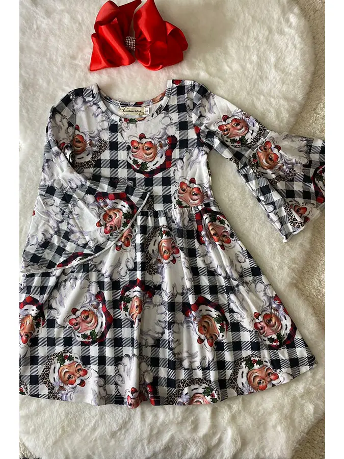 (Custom Design Preorder MOQ 5 ) Santa Plaid Print Girls Christmas Knee Length Dress