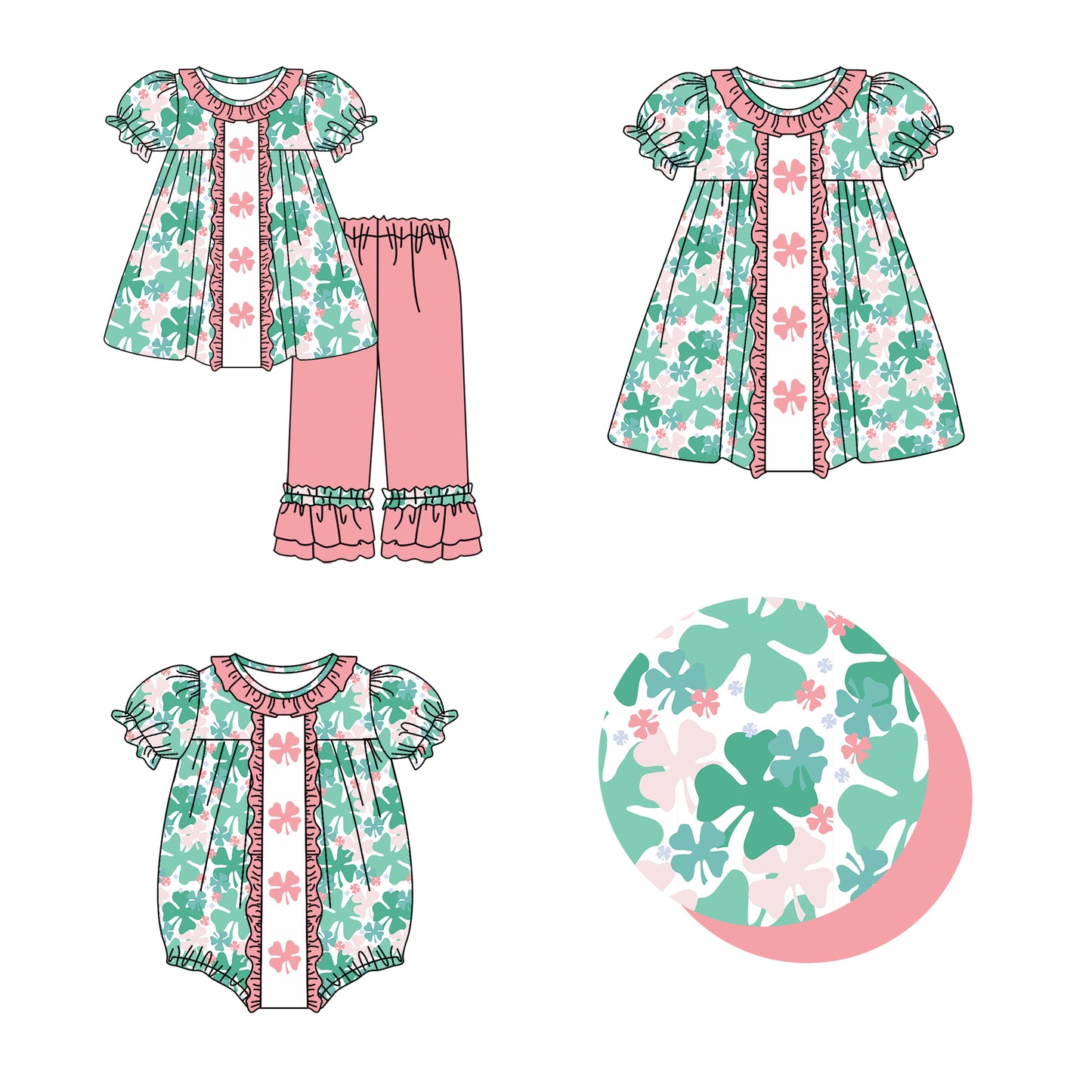 12.13(Custom Design Preorder MOQ 5 Each Design) Leaf Print Girls St. Patrick's Day Matching Clothes Sisters Wear