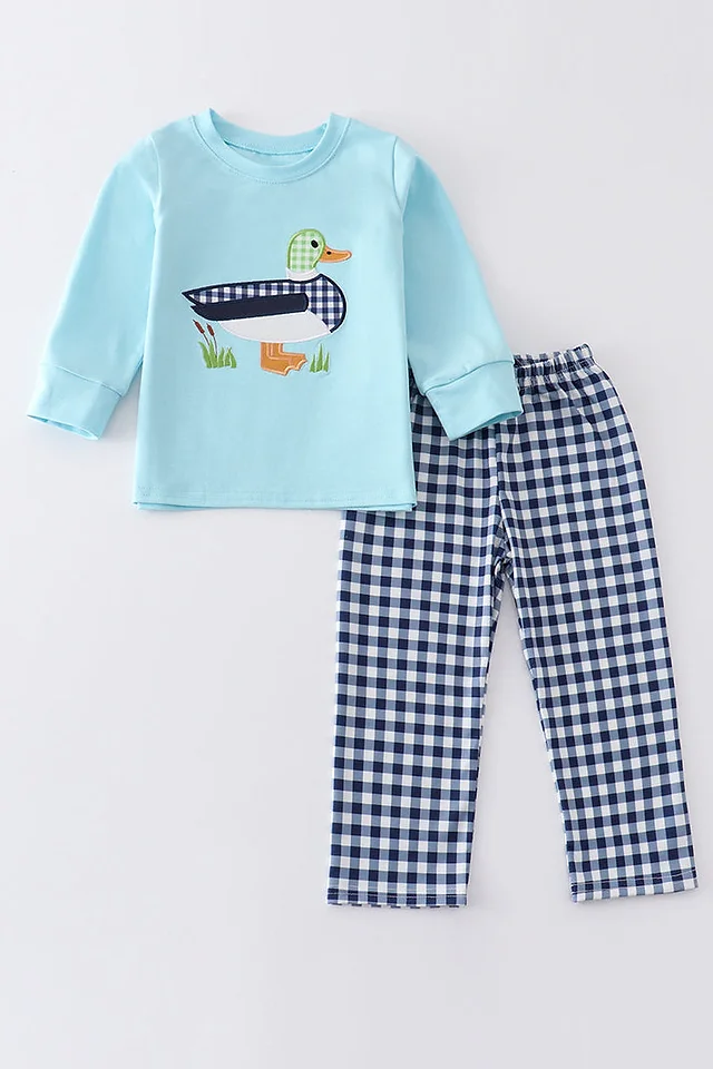 (Custom Design Preorder MOQ 5) Duck Top Plaid Pants Boys Fall Clothes Set