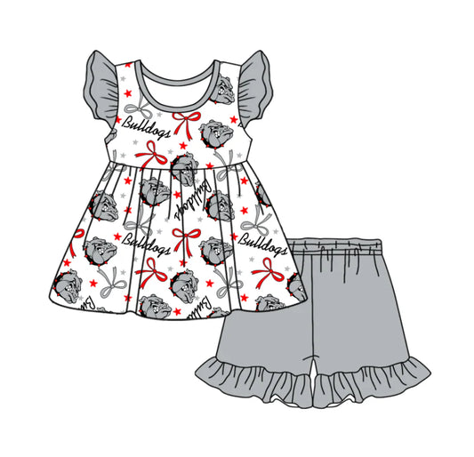 (Custom Design Preorder MOQ 5) Team's Bulldogs Bows Top Grey Orange Shorts Girls Summer Clothes Set