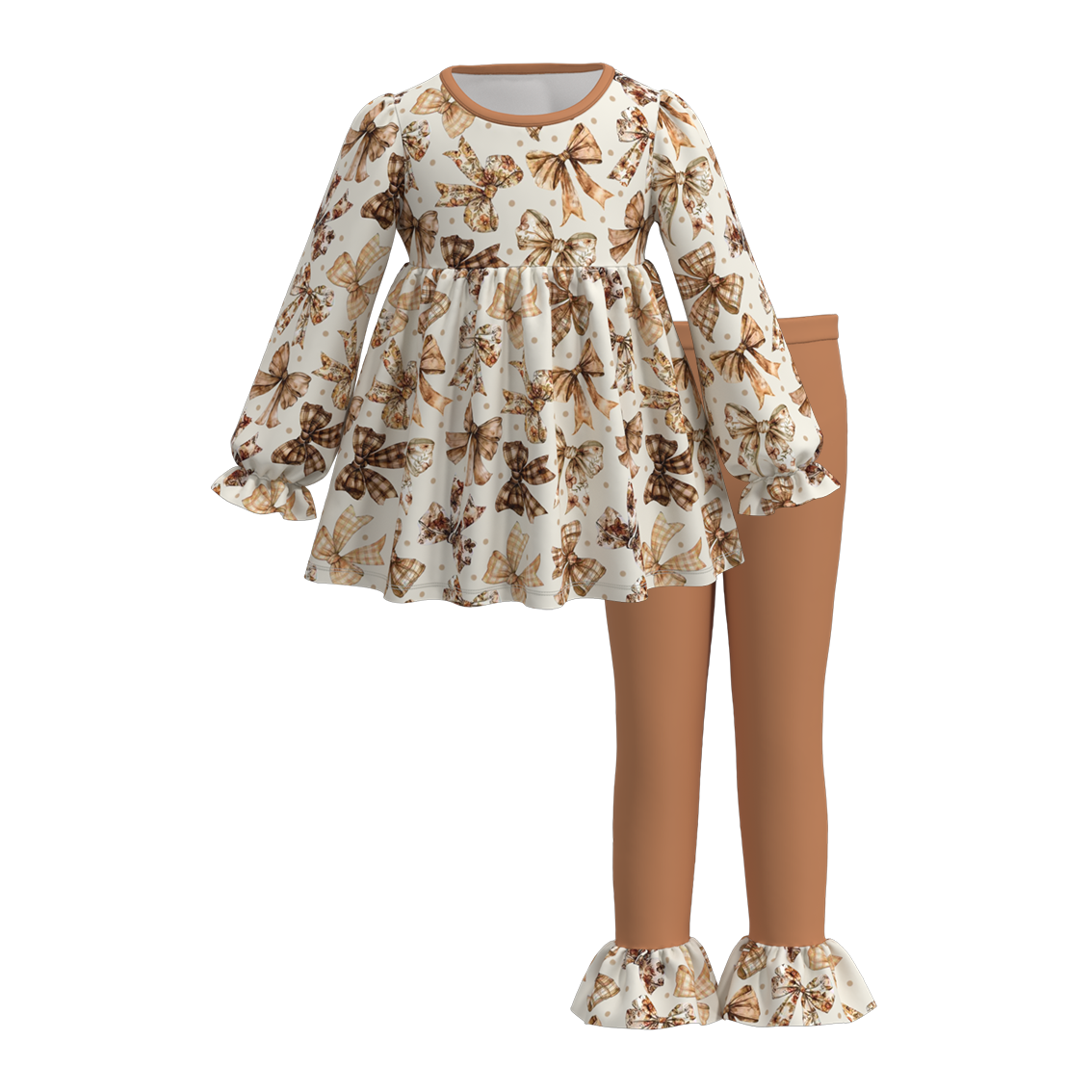 (Custom Design Preorder MOQ 5) Bows Tunic Top Brown Pants Girls Fall Clothes Set