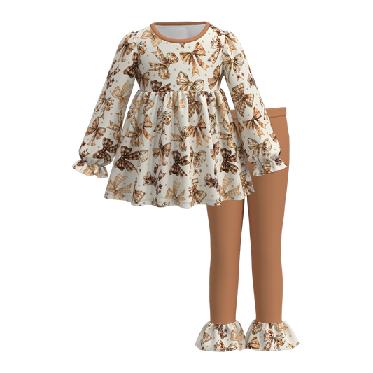 (Custom Design Preorder MOQ 5) Bows Tunic Top Brown Pants Girls Fall Clothes Set