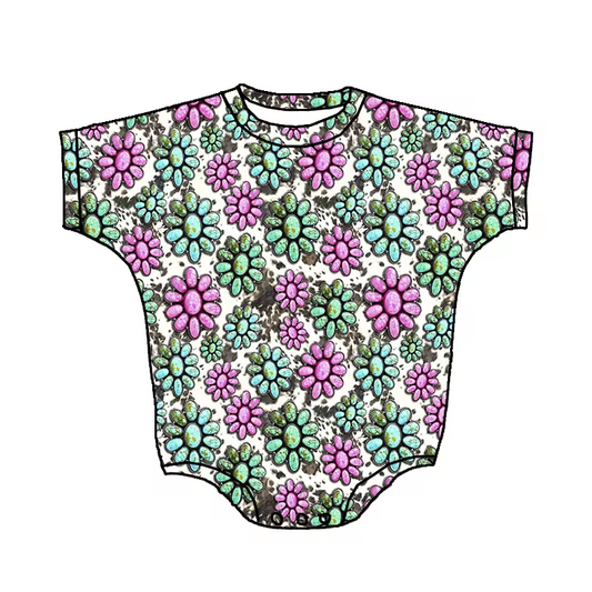 (Custom Design Preorder MOQ 5) Turquoise Print Baby Girls Western Summer Romper