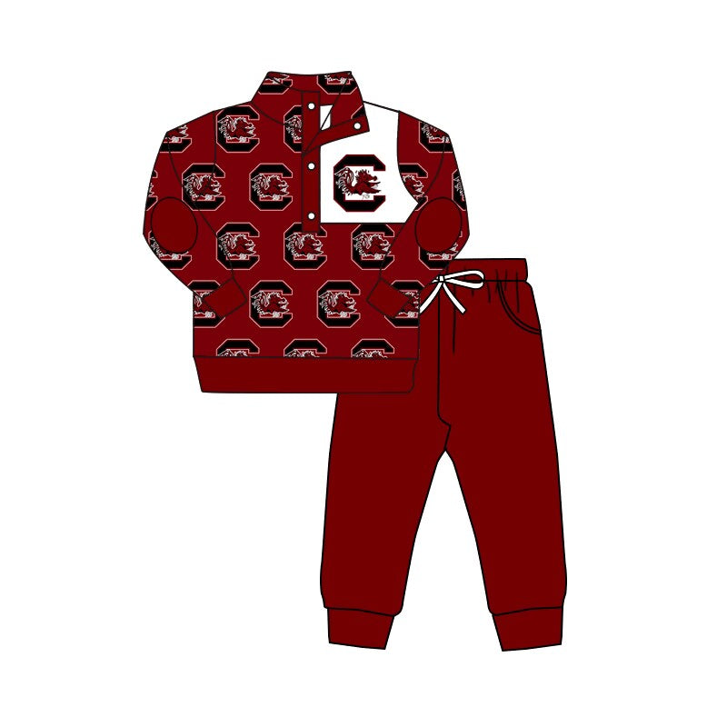 (Custom Design Preorder MOQ 5) Team's GAMECOCKS Pullover Top Wine Pants Boys Fall Clothes Set