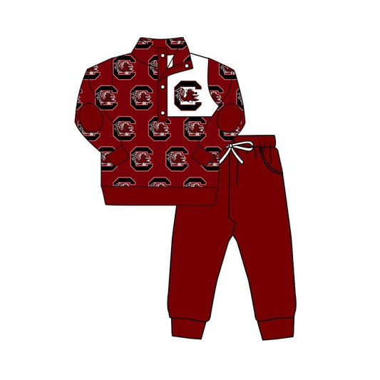 (Custom Design Preorder MOQ 5) Team's GAMECOCKS Pullover Top Wine Pants Boys Fall Clothes Set