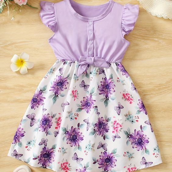 (Custom Design MOQ 5) Violet Flowers Butterfly Print Girls Knee Length Dress