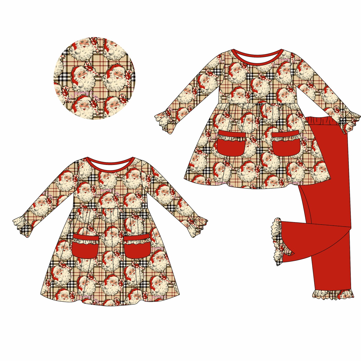 5.24(Custom Design Preorder MOQ 5 Each Design) Santa Plaid Print Pockets Girls Christmas Matching Clothes Sisters Wear