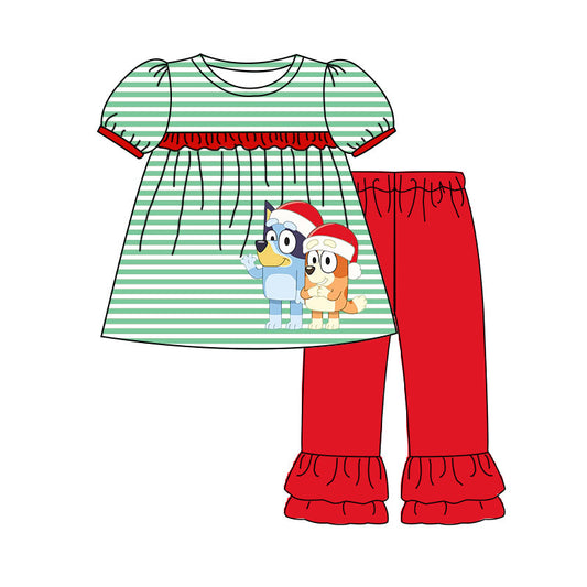 (Custom Design Preorder MOQ 5) Cartoon Dog Green Stripes Tunic Top Red Pants Girls Christmas Clothes Set