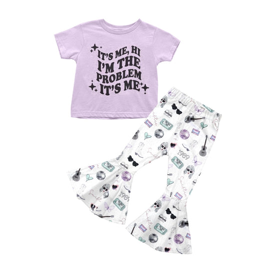 (Custom Design Preorder MOQ 5) Purple Top Singer Design Bell Pants Girls Clothes Set