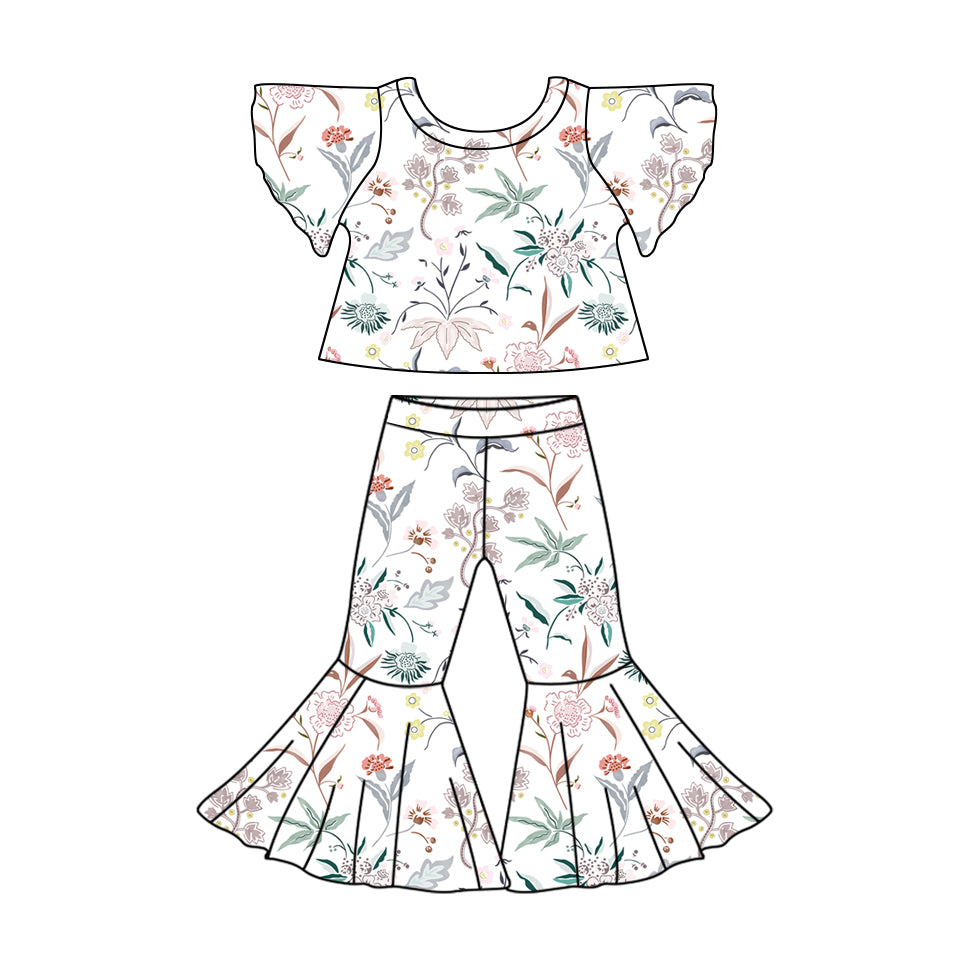 11.9(Custom Design Preorder MOQ 5)  Flowers Print Bell Pants Girls Clothes Set