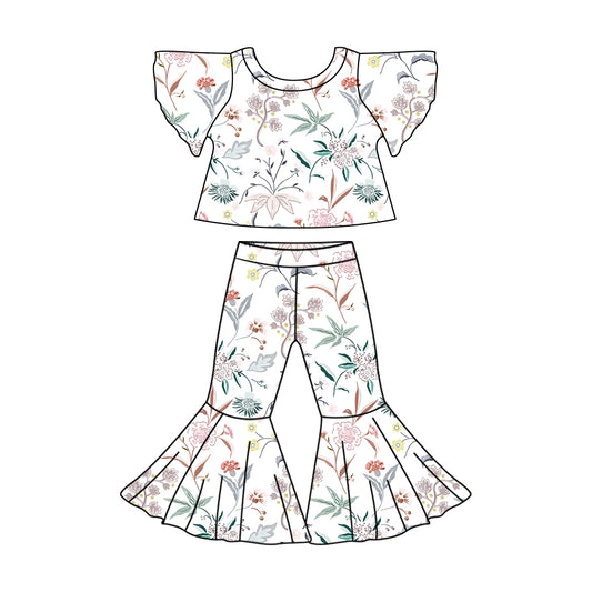 11.9(Custom Design Preorder MOQ 5)  Flowers Print Bell Pants Girls Clothes Set