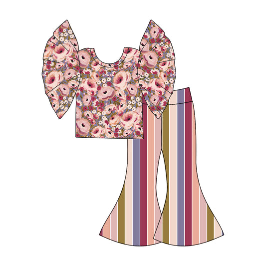 (Custom Design Preorder MOQ 5) Pink Flowers Top Stripes Bell Pants Girls Clothes Set