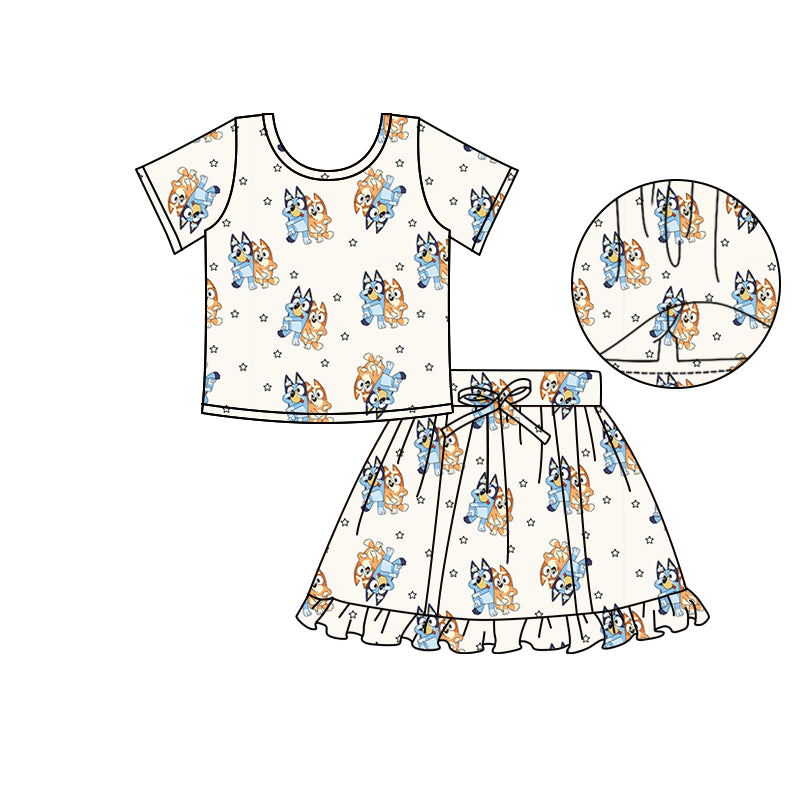 (Custom Design Preorder MOQ 5) Cartoon Dog Stars Top Skirts Shorts Girls Summer Clothes Set
