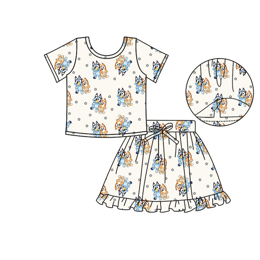 (Custom Design Preorder MOQ 5) Cartoon Dog Stars Top Skirts Shorts Girls Summer Clothes Set