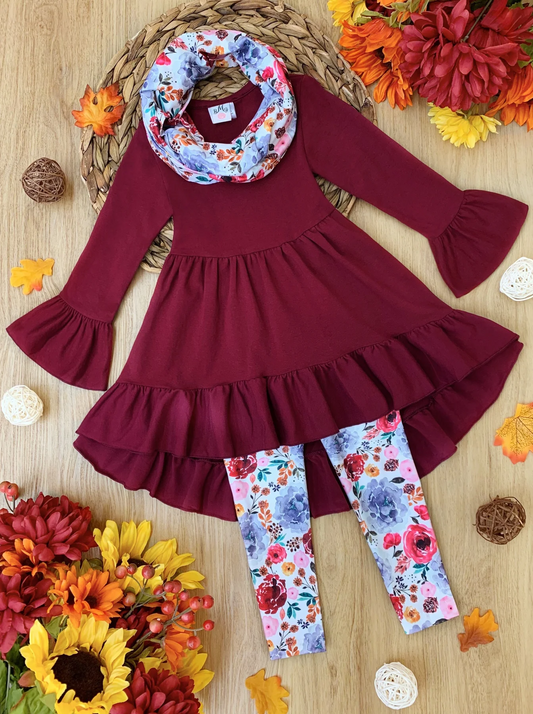 (Custom Design Preorder MOQ 5) Wine Tunic Top Flowers Pants Girls Fall 3 Pieces Clothes Set