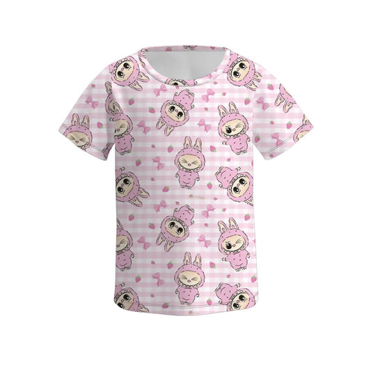 (Custom Design Preorder MOQ 5) Cartoon LABU* Strawberry Print Girls Summer Tee Shirts Top