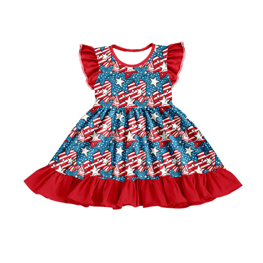 (Custom Design Preorder MOQ 5) Star Flag Print Girls 4th of July Knee Length Dress