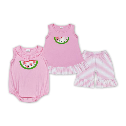 Watermelon Embroidery Pink Stripes Print Sisters Summer Matching Clothes