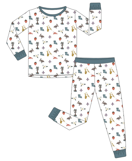 (Custom Design Preorder MOQ 5)   Mardi Gras Print Boys Bamboo Pajamas Clothes Set