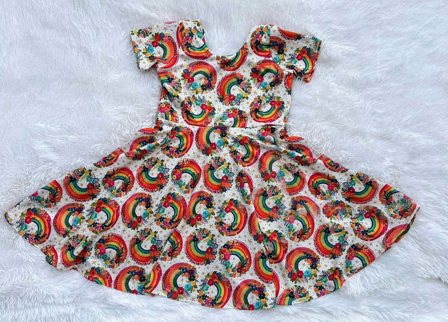 2.12(Custom Design Preorder MOQ 5) Flowers Rainbow Print Girls Summer Knee Length Dress