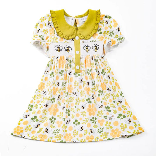 (Custom Design Preorder MOQ 5) Bee Flowers Print Girls Knee Length Summer Dress