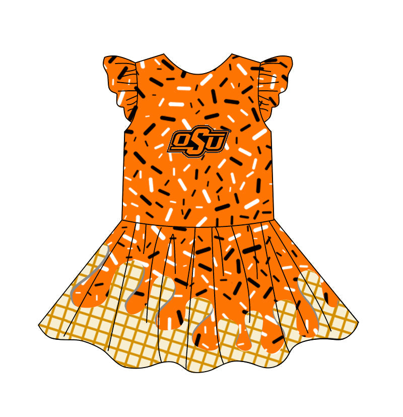 (Custom Design Preorder MOQ 5) Team's Orange Sprinkles Print Girls Summer Knee Length Dress