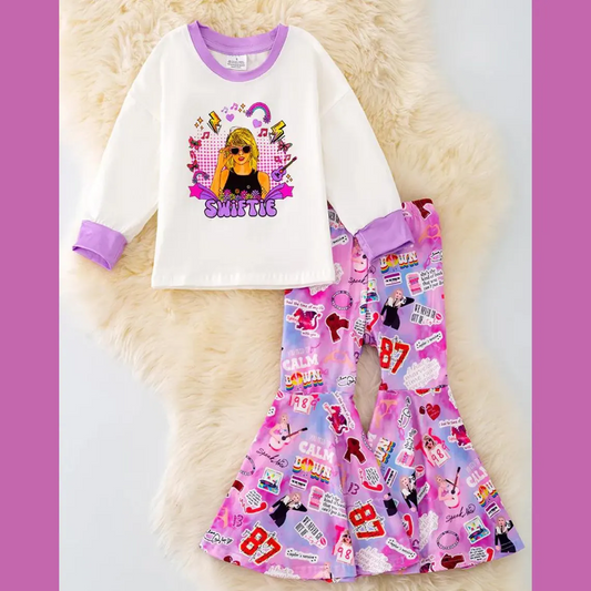 (Custom Design Preorder MOQ 5)  Singer Swiftie Top Purple Bell Pants Girls Fall Clothes Set